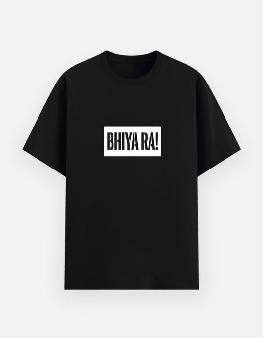 Inksara premium black oversized t-shirt featuring white Bhiya Ra box logo design, Indori slang streetwear fashion for men and women.
