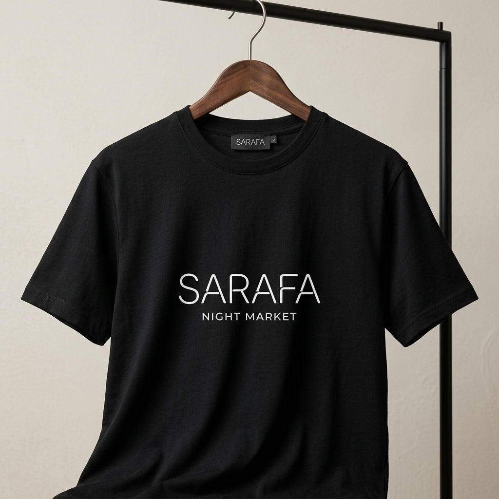 Inksara Sarafa Night Market premium Unisex Supima T-shirt, luxury streetwear featuring minimalist midnight food culture typography, high-end Indori fashion in soft-touch cotton.