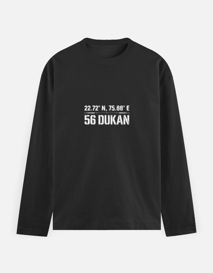 Inksara tactical streetwear tee with 56 Dukan Indore geographical coordinates, technical design for Indori food enthusiasts.