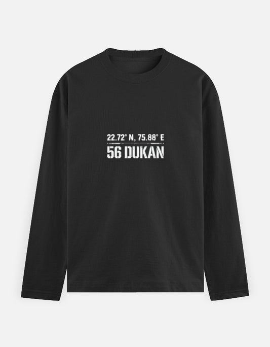 Inksara tactical streetwear tee with 56 Dukan Indore geographical coordinates, technical design for Indori food enthusiasts.
