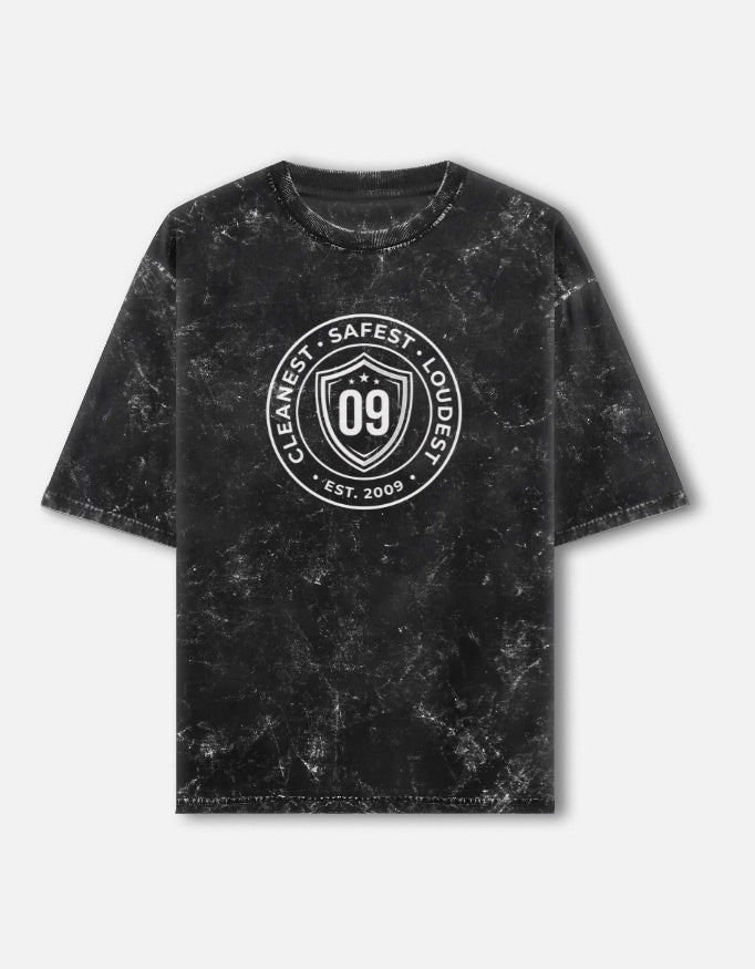 Inksara Cleanest Safest Loudest 09 Unisex Acid Washed Oversized Tee, vintage grey mineral wash streetwear with premium Indore pride typography, 7-star city edition."