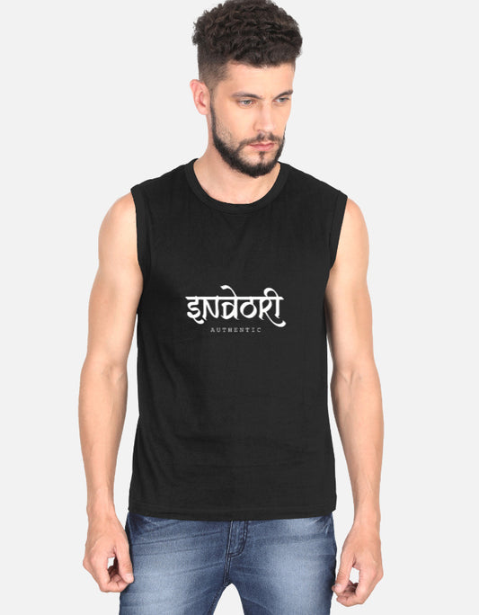 Inksara Indori Authentic Men's Sleeveless T-Shirt with minimalist 'Ek Number' slang print, premium cotton muscle tee for gym and summer wear in Indore.