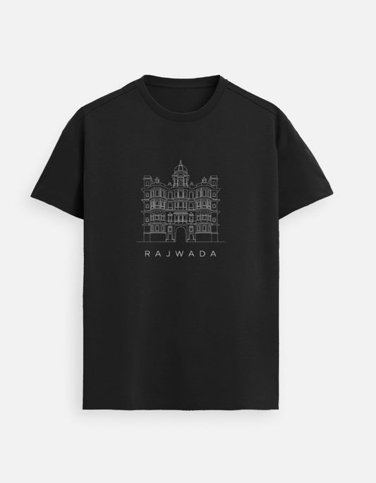 Minimalist line art illustration of Rajwada Palace on an Inksara charcoal grey t-shirt, Indore heritage-inspired modern streetwear