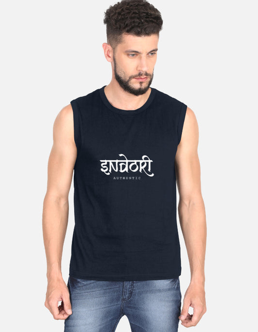 Inksara Indori Authentic Men's Sleeveless T-Shirt with minimalist 'Ek Number' slang print, premium cotton muscle tee for gym and summer wear in Indore.