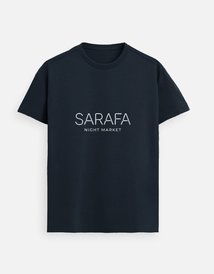 Inksara Sarafa Night Market premium Unisex Supima T-shirt, luxury streetwear featuring minimalist midnight food culture typography, high-end Indori fashion in soft-touch cotton.