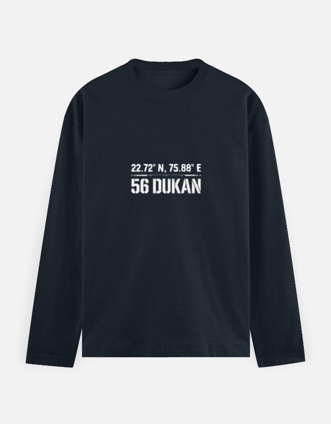 Inksara tactical streetwear tee with 56 Dukan Indore geographical coordinates, technical design for Indori food enthusiasts.