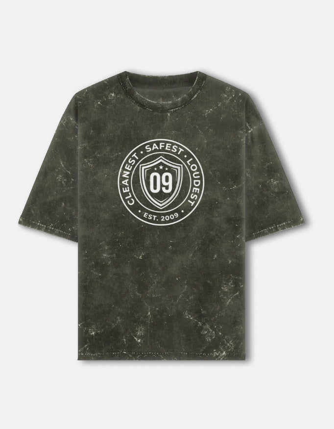 Inksara Cleanest Safest Loudest 09 Unisex Acid Washed Oversized Tee, vintage grey mineral wash streetwear with premium Indore pride typography, 7-star city edition."