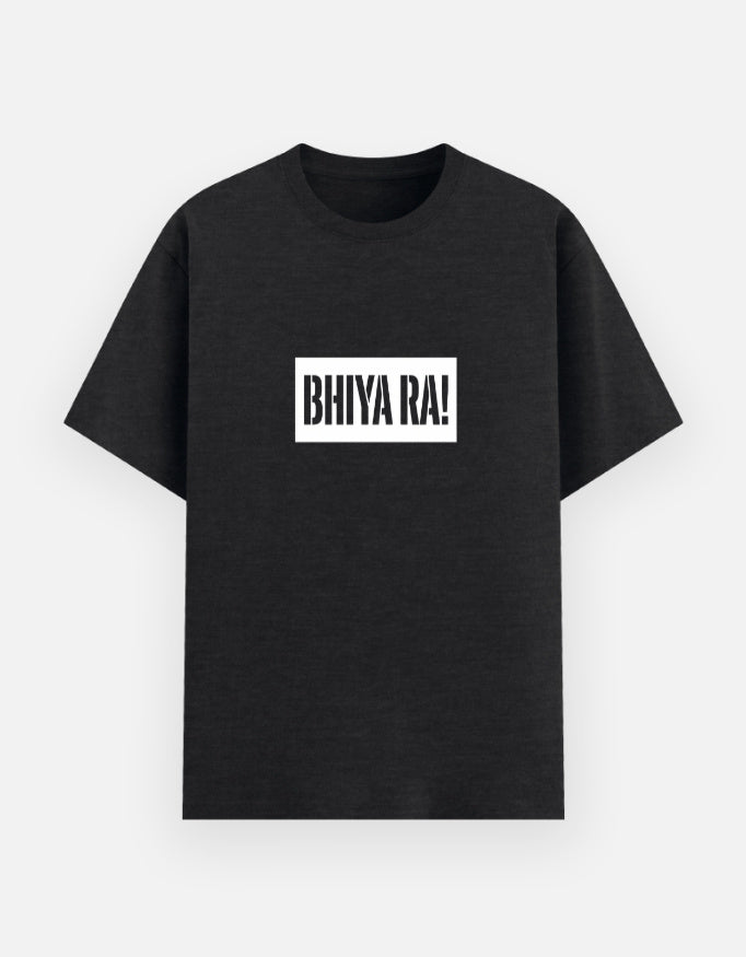 Inksara premium black oversized t-shirt featuring white Bhiya Ra box logo design, Indori slang streetwear fashion for men and women.