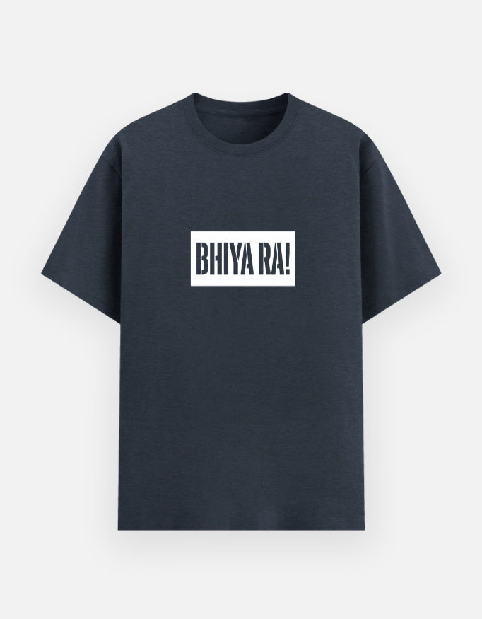 Inksara premium black oversized t-shirt featuring white Bhiya Ra box logo design, Indori slang streetwear fashion for men and women.