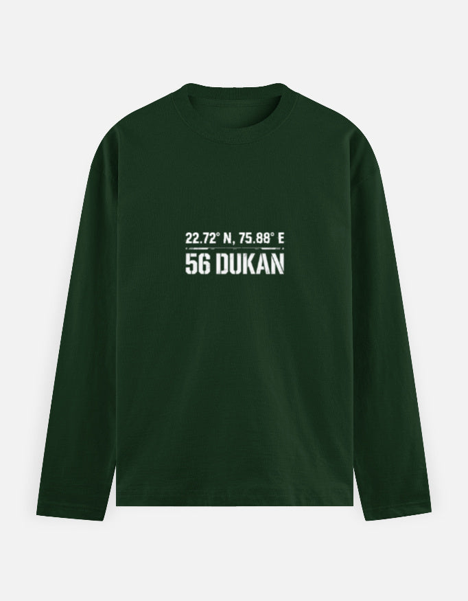 Inksara tactical streetwear tee with 56 Dukan Indore geographical coordinates, technical design for Indori food enthusiasts.