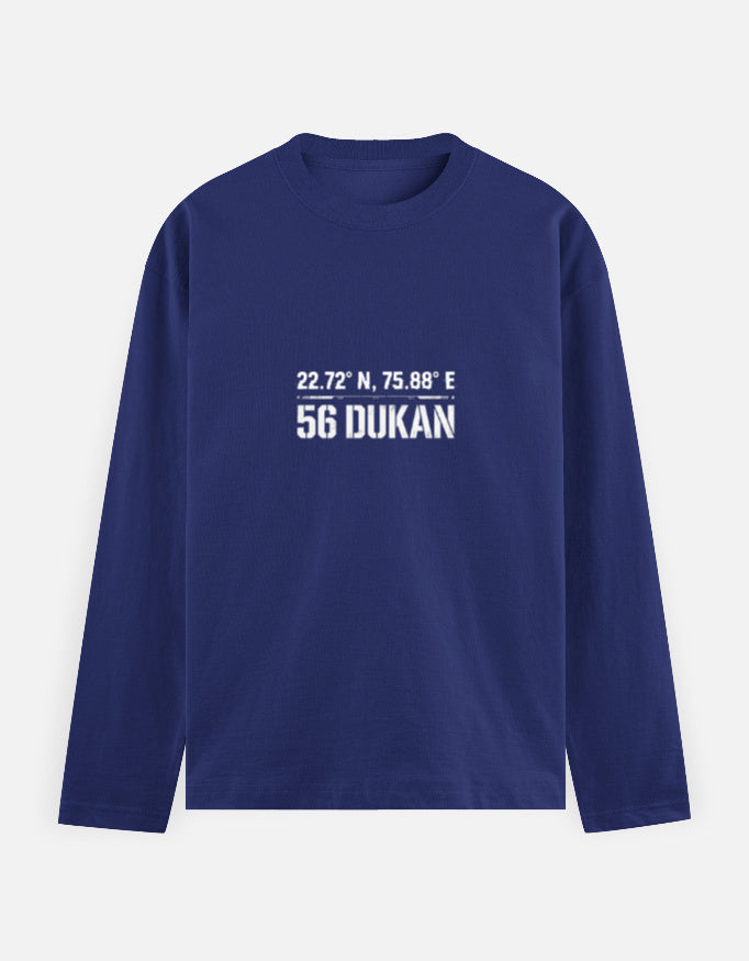 Inksara tactical streetwear tee with 56 Dukan Indore geographical coordinates, technical design for Indori food enthusiasts.