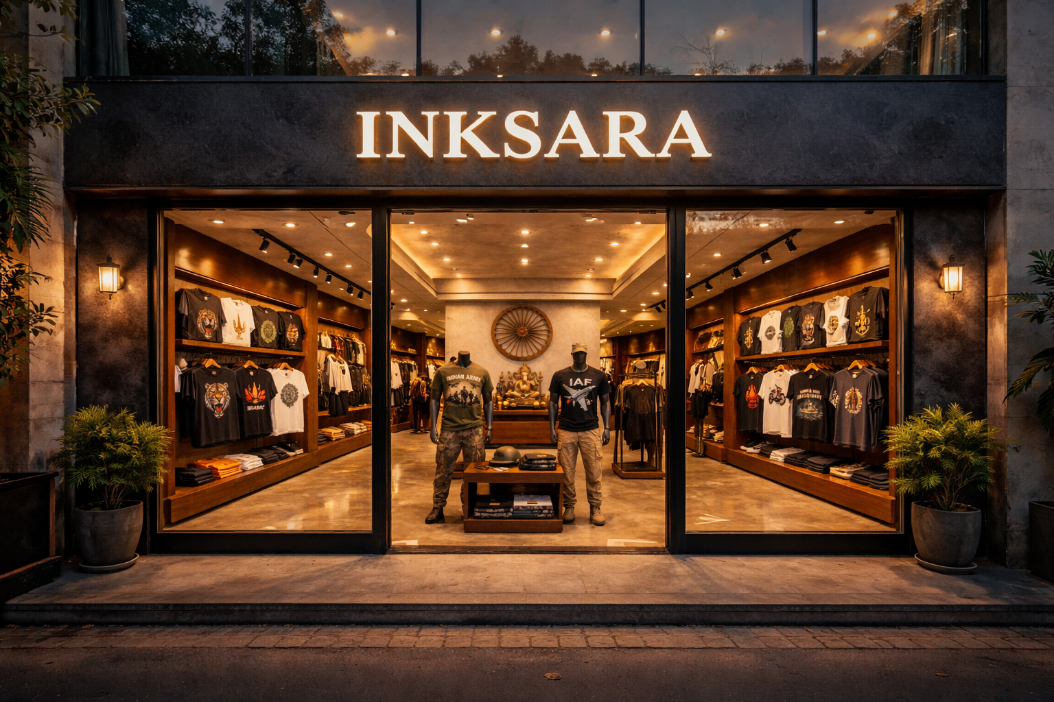 Inksara virtual store showcasing defense-themed t-shirts in a premium retail space
