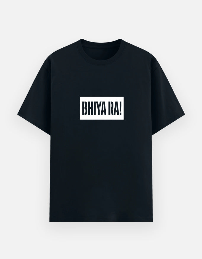 Inksara premium black oversized t-shirt featuring white Bhiya Ra box logo design, Indori slang streetwear fashion for men and women.