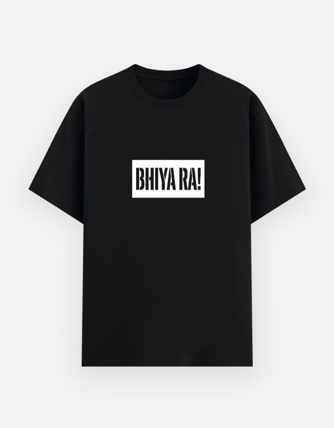 Inksara premium black oversized t-shirt featuring white Bhiya Ra box logo design, Indori slang streetwear fashion for men and women.