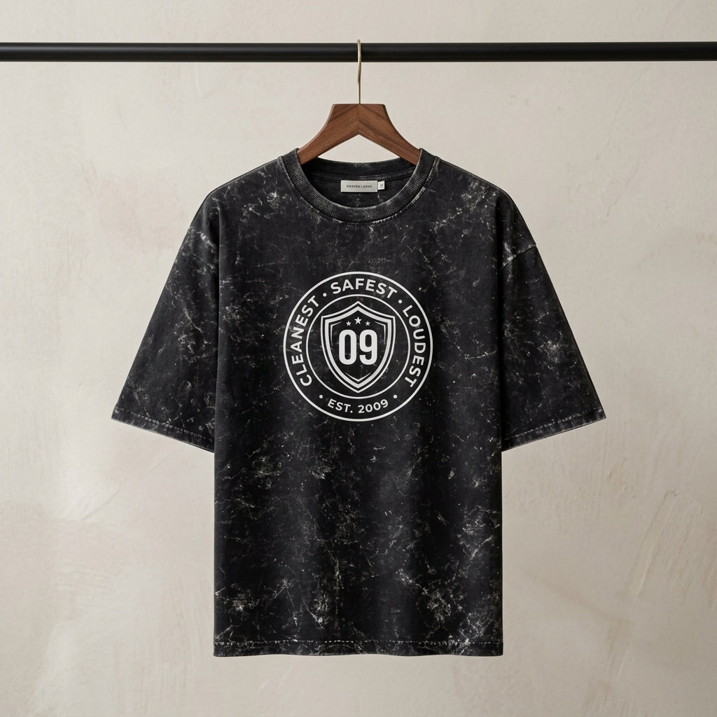Inksara Cleanest Safest Loudest 09 Unisex Acid Washed Oversized Tee, vintage grey mineral wash streetwear with premium Indore pride typography, 7-star city edition."