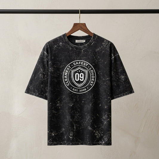 Inksara Cleanest Safest Loudest 09 Unisex Acid Washed Oversized Tee, vintage grey mineral wash streetwear with premium Indore pride typography, 7-star city edition."