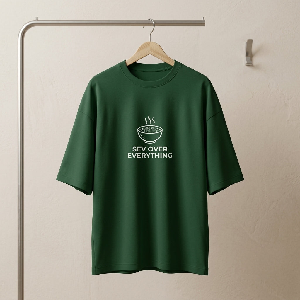 Inksara Sev Over Everything Unisex Terry Oversized Tee, premium heavyweight French Terry streetwear with minimalist Indori food culture typography, Indore 09 edition.