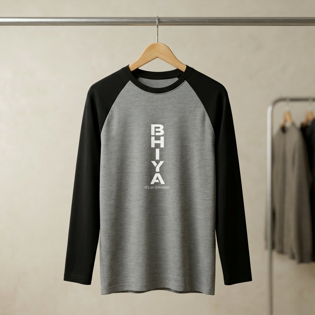 Inksara Bhiya It's An Emotion Unisex Raglan T-Shirt with contrast sleeves, premium minimalist Indori slang typography, authentic streetwear from Indore.