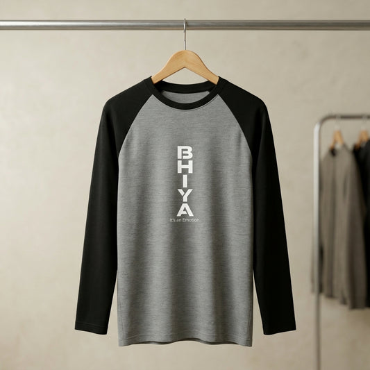 Inksara Bhiya It's An Emotion Unisex Raglan T-Shirt with contrast sleeves, premium minimalist Indori slang typography, authentic streetwear from Indore.