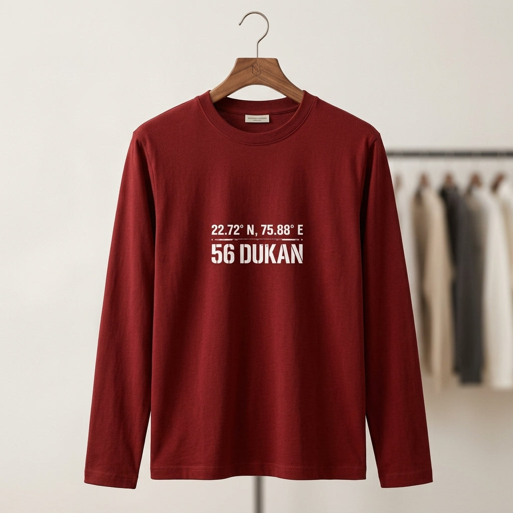 Inksara tactical streetwear tee with 56 Dukan Indore geographical coordinates, technical design for Indori food enthusiasts.