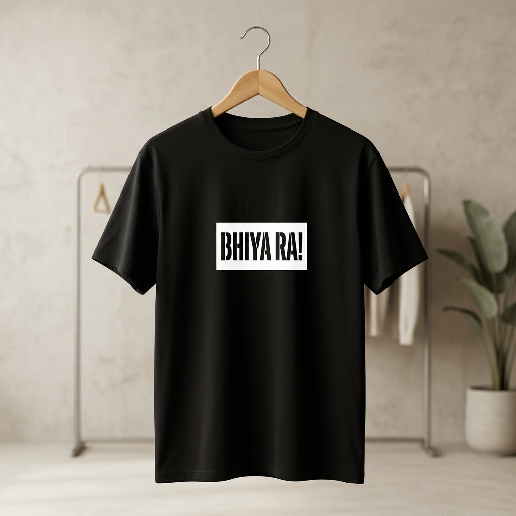 Inksara premium black oversized t-shirt featuring white Bhiya Ra box logo design, Indori slang streetwear fashion for men and women.