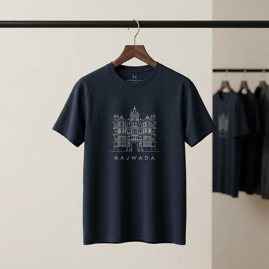 Minimalist line art illustration of Rajwada Palace on an Inksara charcoal grey t-shirt, Indore heritage-inspired modern streetwear